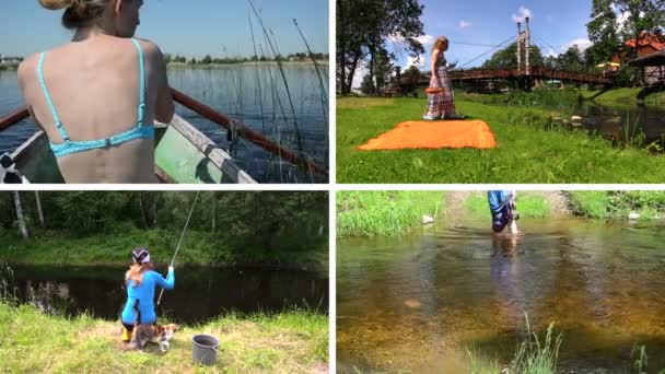 Vrouw rij boot, picknick en visserij maken. Clips collage. — Stockvideo