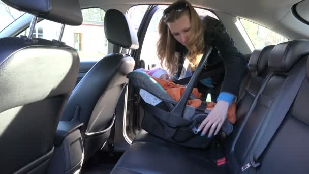 Donna allacciare seggiolone di sicurezza sul sedile posteriore dell'auto con cintura. 4K — Video Stock