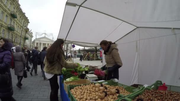 Mädchen kaufen Nüsse und bezahlen Geld für Lebensmittel auf dem Markt — Stockvideo