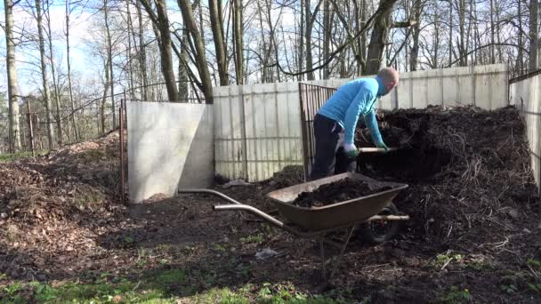 Man werken hard met vork in werf. Compost laden in kruiwagen — Stockvideo