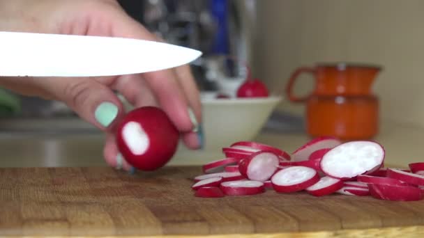 Gros plan de femme radis coupé à la main sur planche à découper dans la cuisine . — Video