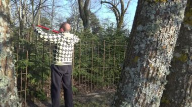 Bahçıvan adam köknar ağacı hedge makasları ile döşeme. 4k