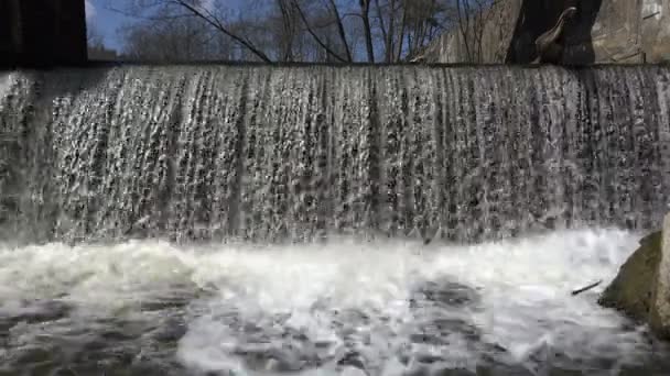 Retro förfallna Hårdna fördämningen och floden vattenfall vatten flöde. 4k — Stockvideo