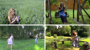 Kadın yaz eğlence doğada. Video kolaj.