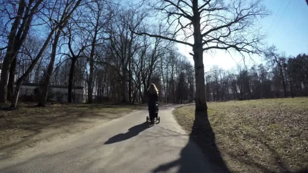 Maman pousse la poussette bleue dans le parc printanier. 4K — Video