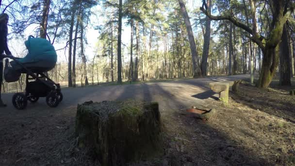 Frau mit Baby im Buggy sitzt auf Bank im Frühlingspark Abend. 4k — Stockvideo