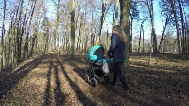 Chica empuje carro de bebé en camino de bosque de primavera. 4K — Vídeos de Stock