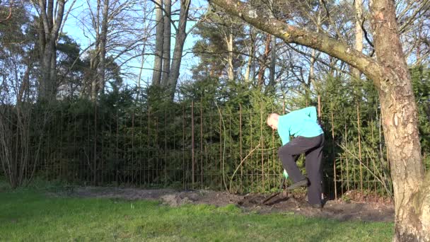 Mladý muž dig půdy s lopatou na květiny podél plotu. — Stock video