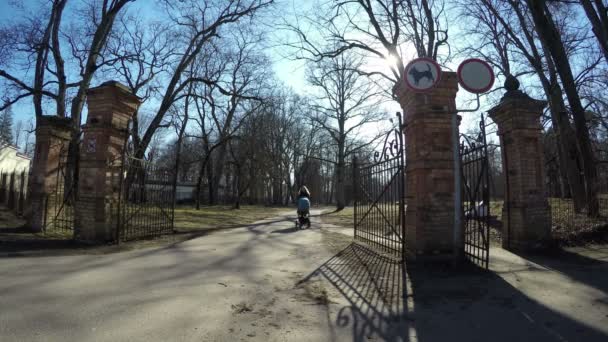 Няня с голубой коляской прогуливается через ворота ретро-парка весной. 4K — стоковое видео