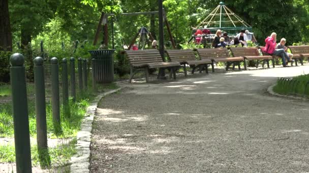 As crianças giram na rotunda no parque infantil. 4K — Vídeo de Stock