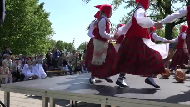 Unga flickor i klänning dansar i cirkel och människor publik. 4k — Stockvideo