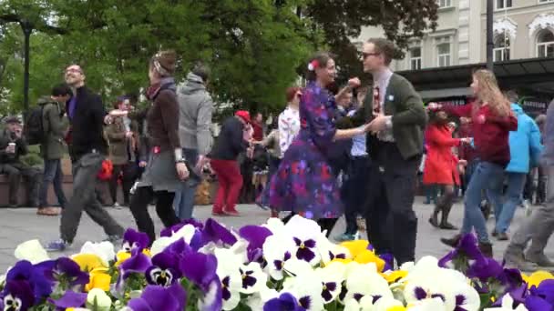 Happy young people in pairs dance lindy hop in city square. 4K — Stock Video