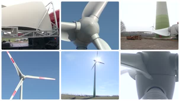 Wind turbine delen en assemblagewerk. Windmolens draaien. Collage. — Stockvideo