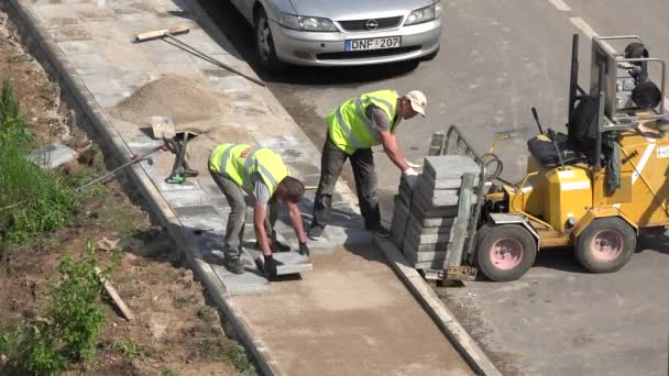 Construtores grupo tomar telhas e pavimentar leigos no pavimento calçada. 4K — Vídeo de Stock