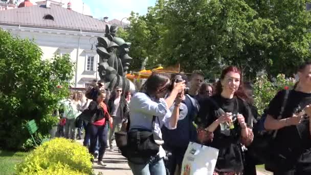 La gente feliz sopla burbujas de jabón y camina en el desfile internacional de masas. 4K — Vídeo de stock