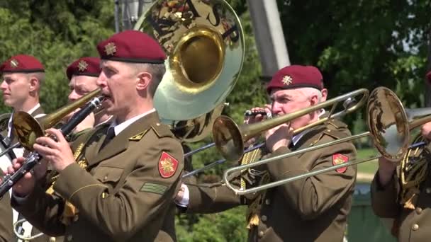 Homens militares conjunto de instrumentos de latão executar na cidade — Vídeo de Stock