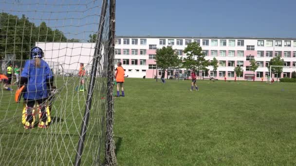 Visão traseira do gol e meninas jogar hóquei grama no estádio — Vídeo de Stock