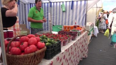 Çiftçi kiosk domates ve salatalık, pazarda çilek. 4k