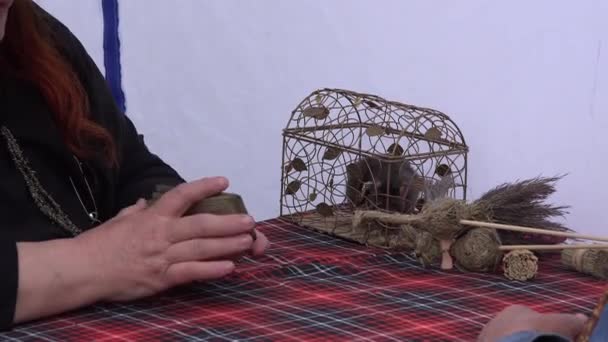 Contemporary witch woman shuffle tarot cards and rat in cage. 4K — Stock Video