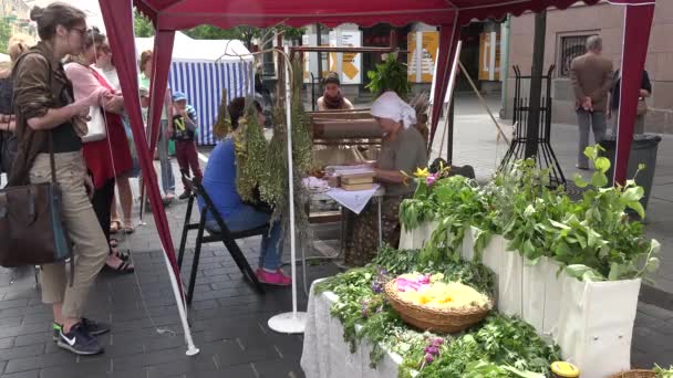 Herbalist kiosk med blommor, gräs i stadsfestival. 4k — Stockvideo