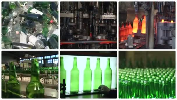 Collage du recyclage et de la production de bouteilles en verre en usine — Video