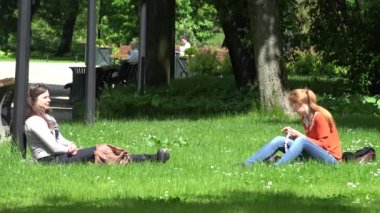 kadın çiçek taç yapmak ve insanların parkta yeniden oluşturun. 4k