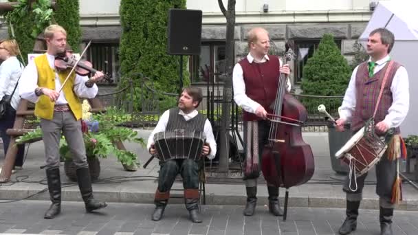 Banda folk rurale si esibiscono con varietà di strumenti in strada. 4K — Video Stock