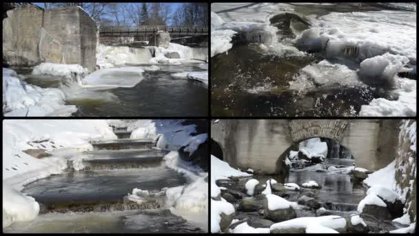 Nehir şelale çağlayan retro köprü donmuş buz buz sarkıtları kış — Stok video