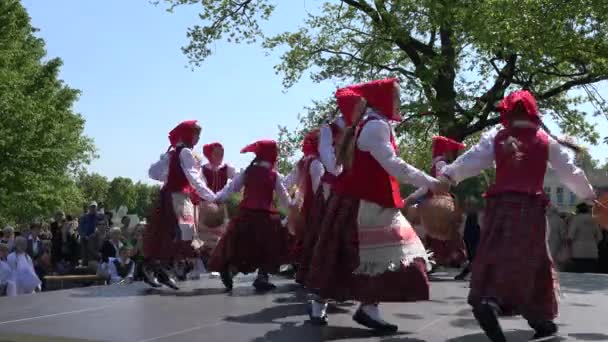 Chicas con ropa tradicional bailando cogidas de la mano. 4K — Vídeo de stock