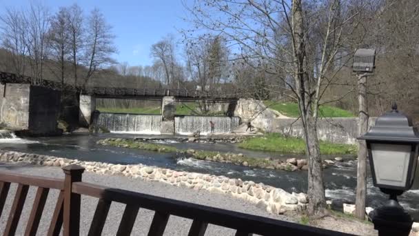 Ragazze si divertono vicino alla cascata del fiume. Recinzione in legno. 4K — Video Stock