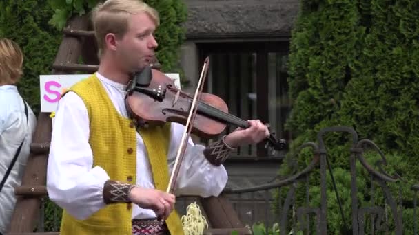 Chłopiec gra na skrzypcach i śpiewa na świeżym powietrzu. 4K — Wideo stockowe