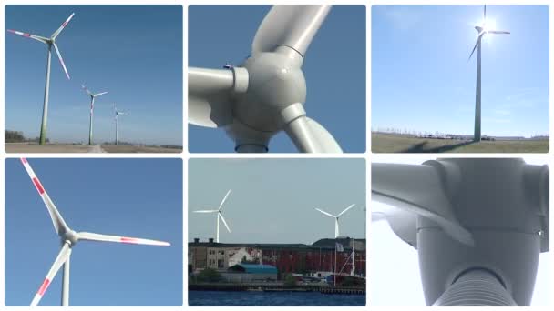 Wiatraki w wiatr. Odnawialne źródła energii. Kolaż klipy. — Wideo stockowe