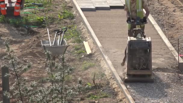 Werknemers mannen druk van puin met plaat compactor en leggen tegels. 4k — Stockvideo