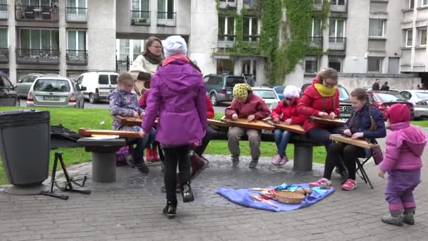 Kinder und Lehrer spielen mit baltischen Psalterieinstrumenten. 4k — Stockvideo