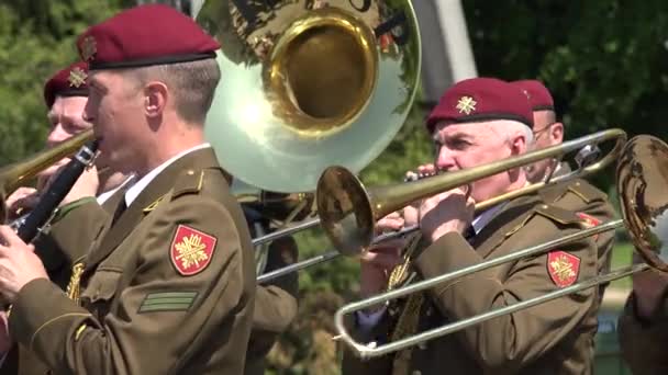 Στρατιωτική ορχήστρα παίζουν διάφορα όργανα. 4k — Αρχείο Βίντεο