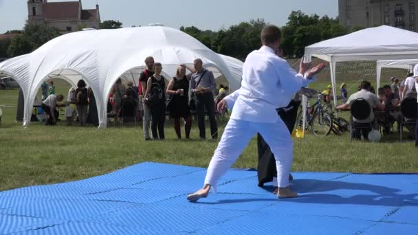 Två män visar aikido grafikelementet i fria luften. 4k — Stockvideo