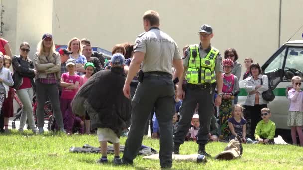 Policjant dać dziecku spróbować kurtka ochronna od ukąszenia psa. 4K — Wideo stockowe