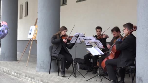Müzisyenler klasik müzik ve insanlar seyirci çalmak. 4k — Stok video