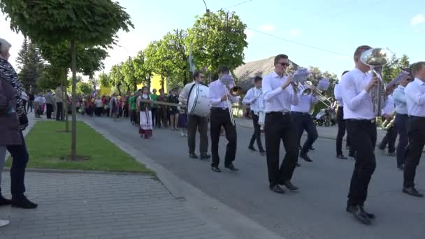Orquesta con instrumentos y desfile de aniversario de ciudadanos. 4K — Vídeo de stock