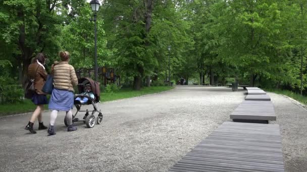 Dos madre joven paseo con el bebé en el parque verde. 4K — Vídeos de Stock