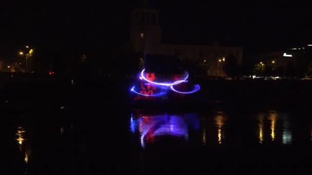 Mysterious laser projections effects visualization on river at night. 4K — Stock Video