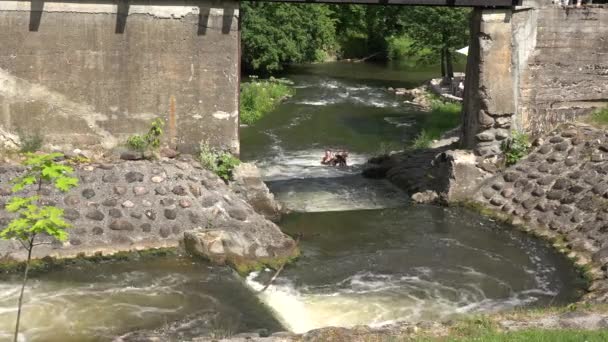 Девушка взять веревку и подняться быстро течет каменистой дно реки. 4K — стоковое видео