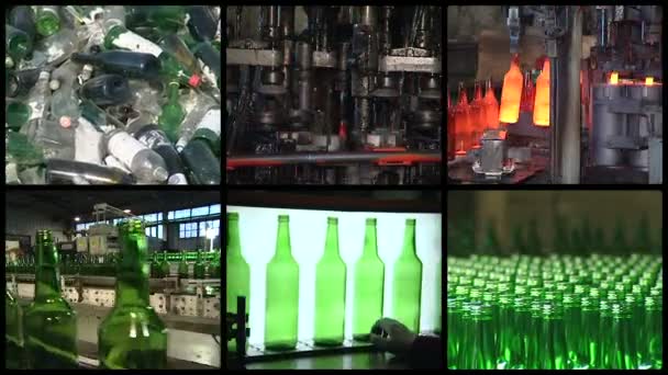 Collage of glass bottle recycling and production in factory — Stock Video