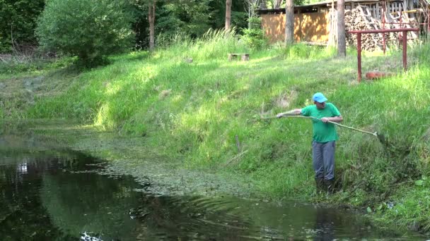 Man clean pond overgrown  weed with raker village summertime. 4K — Stock Video