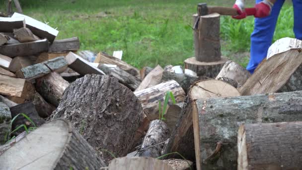 Zbliżenie ciętych dzienników stos i niewyraźne człowiek Chop drewna z siekierą. 4K — Wideo stockowe