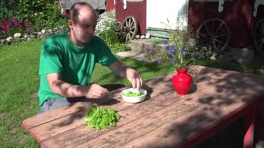 bahçıvan adam adam kabuk gövde ve taze bezelye yemek. 4k