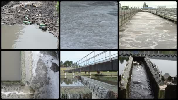 Las botellas de basura fluyen en agua sucia. Burbujas sobre escoria. Trabajos de agua — Vídeos de Stock