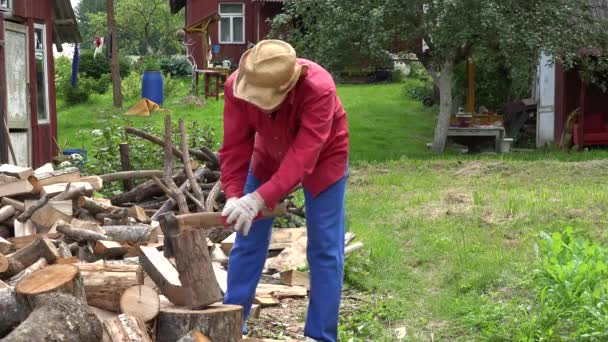 Starke Dorfbewohner Kerl bereiten natürlichen Holzbrennstoff und ländliche Häuser. 4k — Stockvideo