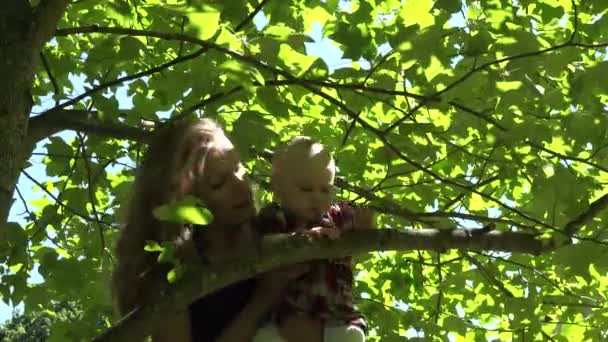 Happy mother woman play with infant baby daughter under tulip tree. 4K — Stock Video