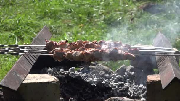 Cook hands moisten dry meat baking on hot ember with water or beer in retro fireplace. 4K — Stock Video